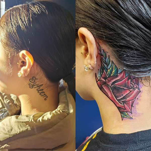 cover up par tapar tatuaje en cuello de un nombre