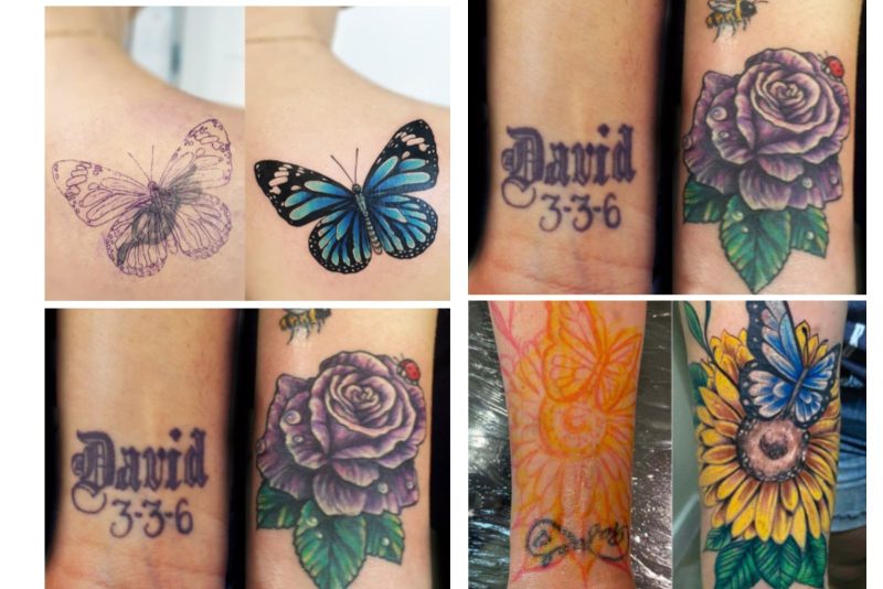flores y marioposas para tapar un nombre tatuado